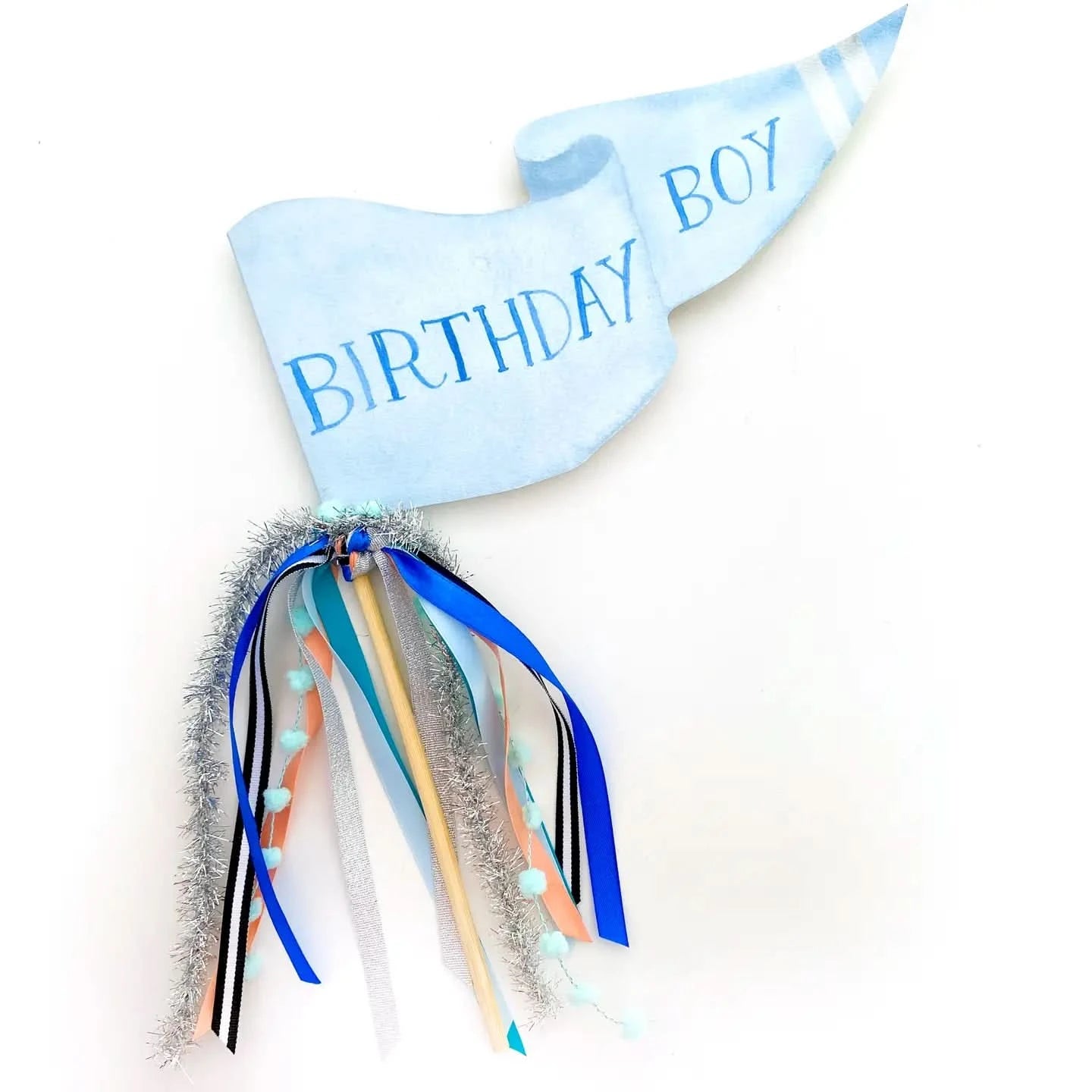 Colorful birthday boy party pennant banner by Cami Monet, featuring festive paper flags with "Happy Birthday Boy" text for celebration decor.
