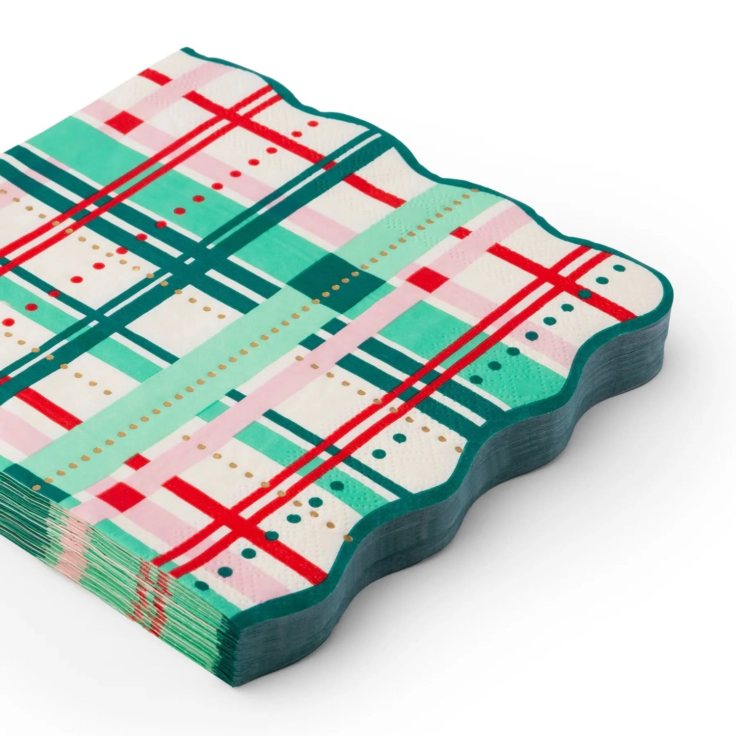 Set of 20 large Christmas plaid dinner napkins by Bonjour FĂȘte, featuring festive red and green holiday patterns.