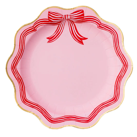 Elegant pink peppermint bow dinner plates from Porcupine Paper Co. Christmas party bundle, festive and stylish for holiday celebrations.