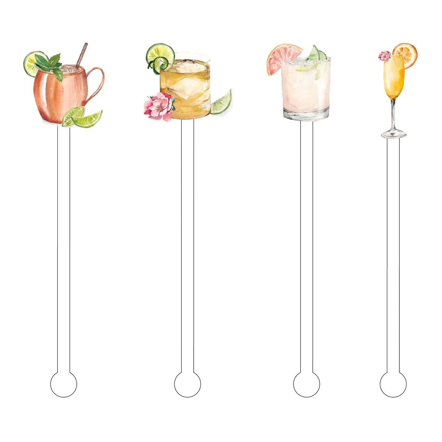 Elegant Cami Monet fancy drink stir sticks with colorful decorative accents for cocktail garnishes and beverage presentation.