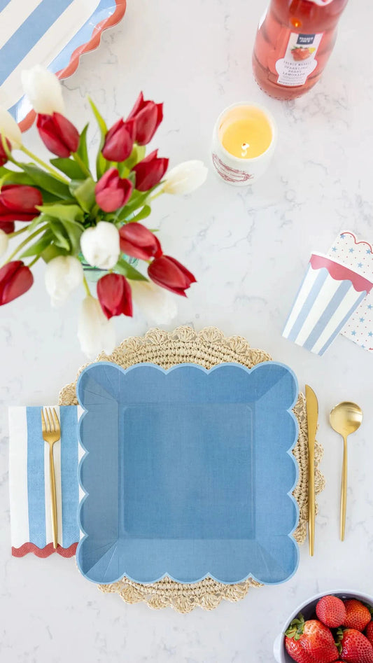 Large blue scallop paper plate from My Mind’s Eye Hamptons Blue collection, 11-inch size, featuring a decorative scalloped edge.