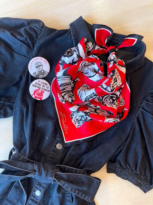 Red Sic 'Em Gameday scarf by Dallis Foshee Art & Design, LLC featuring team mascot and bold lettering for game day support.