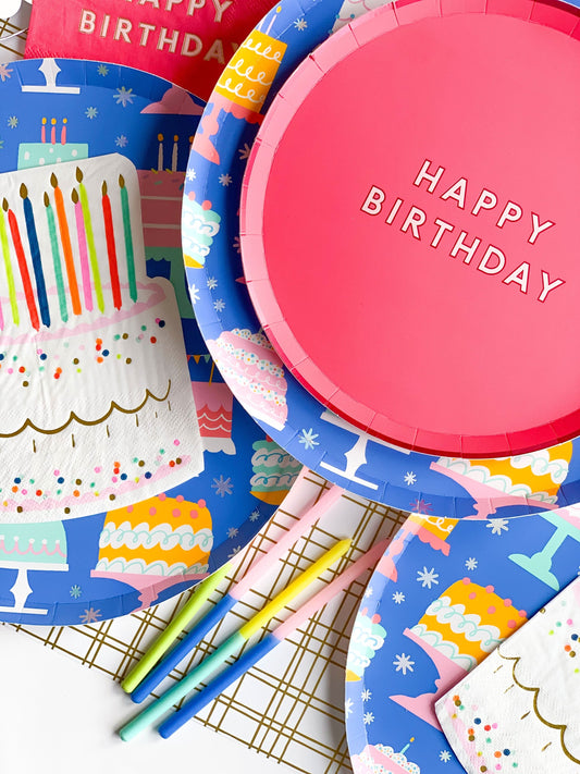 Pink Signature Happy Birthday small party plates by Bonjour Fête with cheerful birthday design on round paper plates.