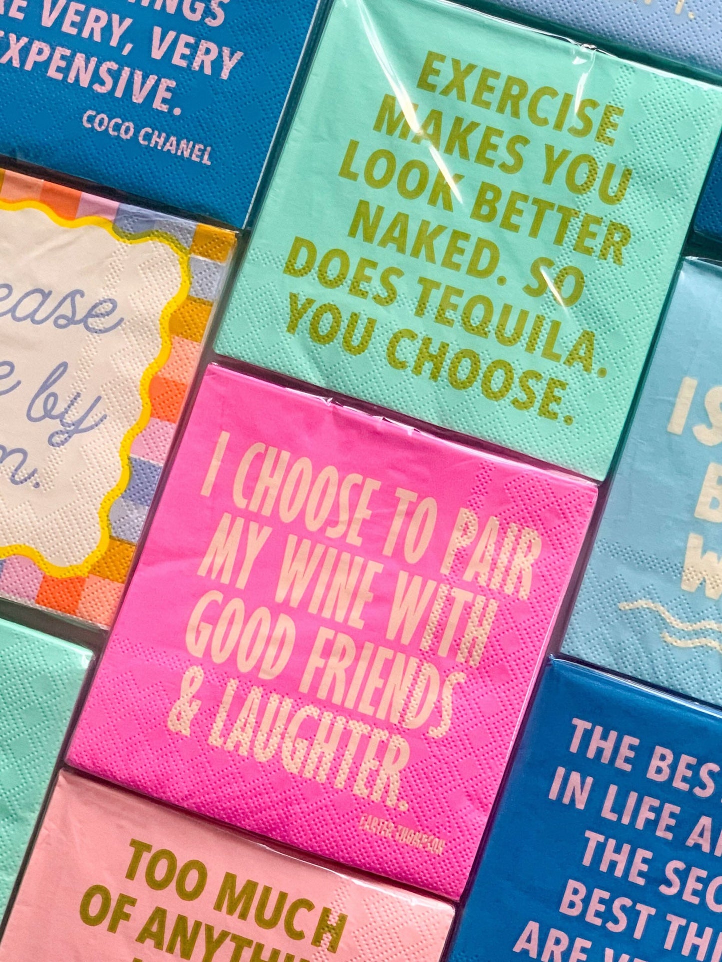 Set of 20 funny cocktail napkins featuring exercise and tequila designs by soiree-sisters, ideal for party gatherings.