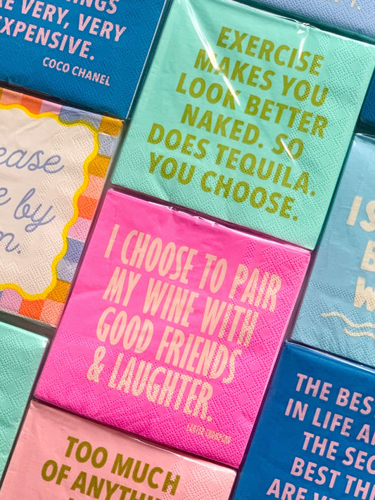 Set of 20 funny cocktail napkins featuring exercise and tequila designs by soiree-sisters, ideal for party gatherings.