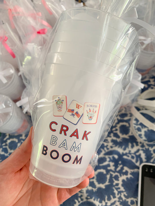 Six frosted paper cups with colorful Crak Bam Boom designs by Porcupine Paper Co. arranged in a pack on a white background.