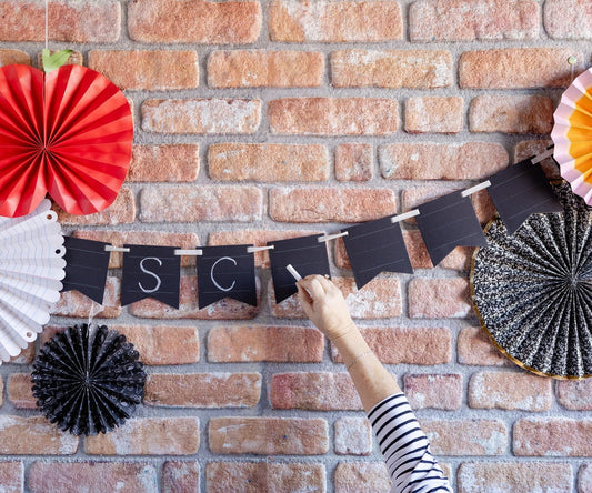 My Mind’s Eye chalkboard writable paper banner with blank sections for custom messages, ideal for party or event decor.