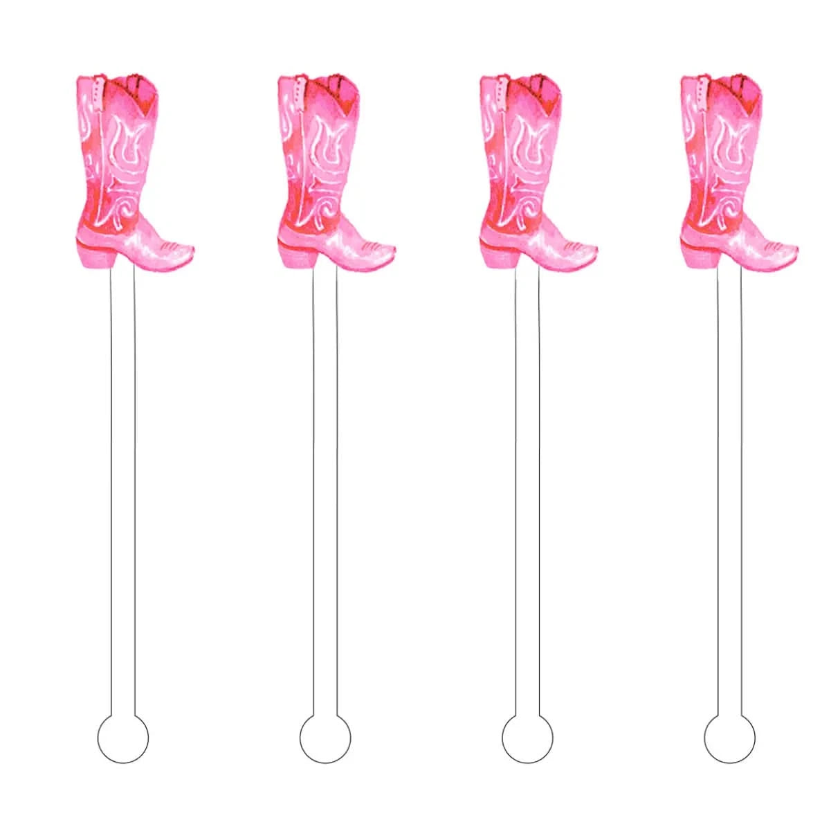 Pink cowboy boots acrylic drink stir sticks featuring detailed cowboy boot design, perfect for cocktails and party beverages.