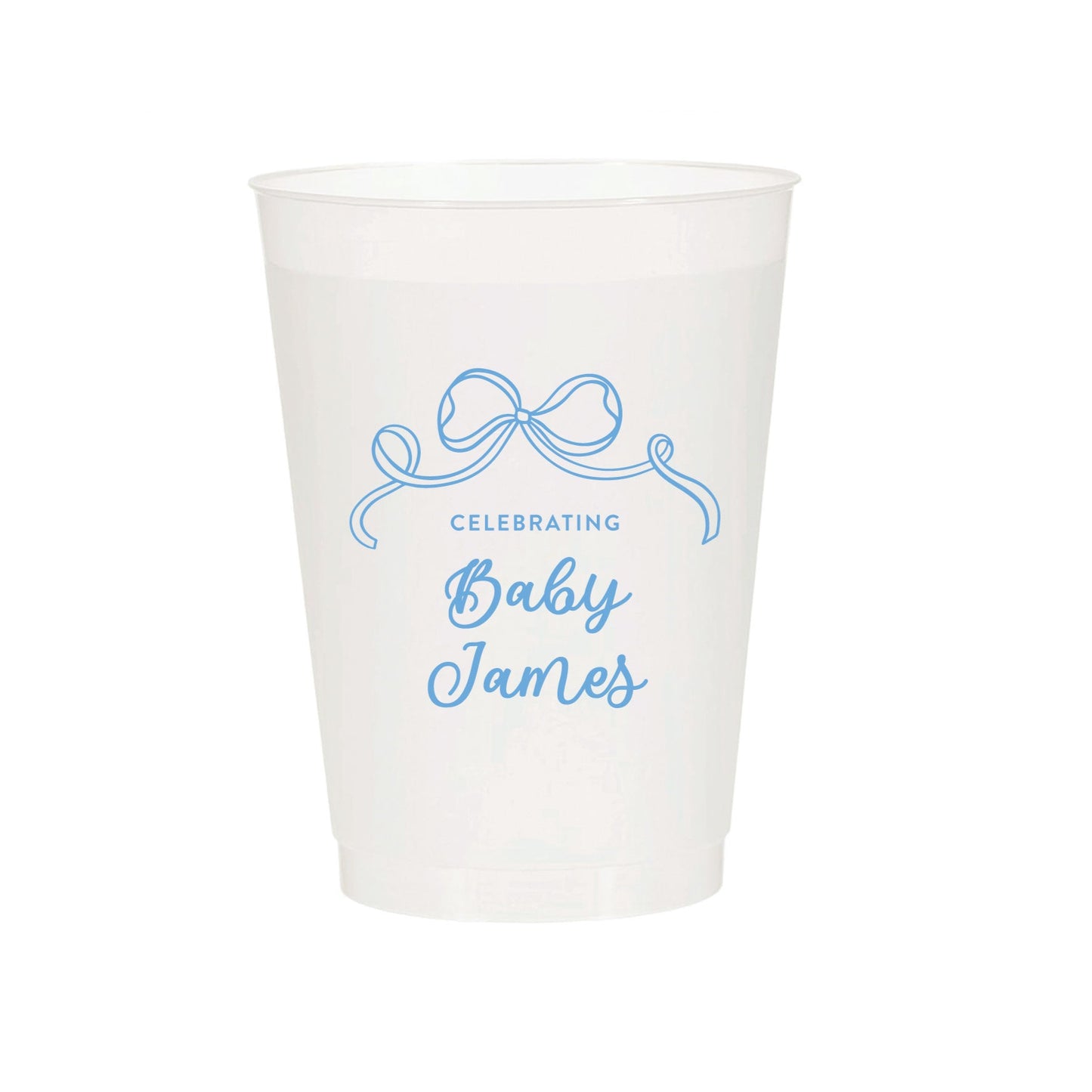 White paper cup with blue text and design on a white background