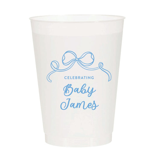 White paper cup with blue text and design on a white background