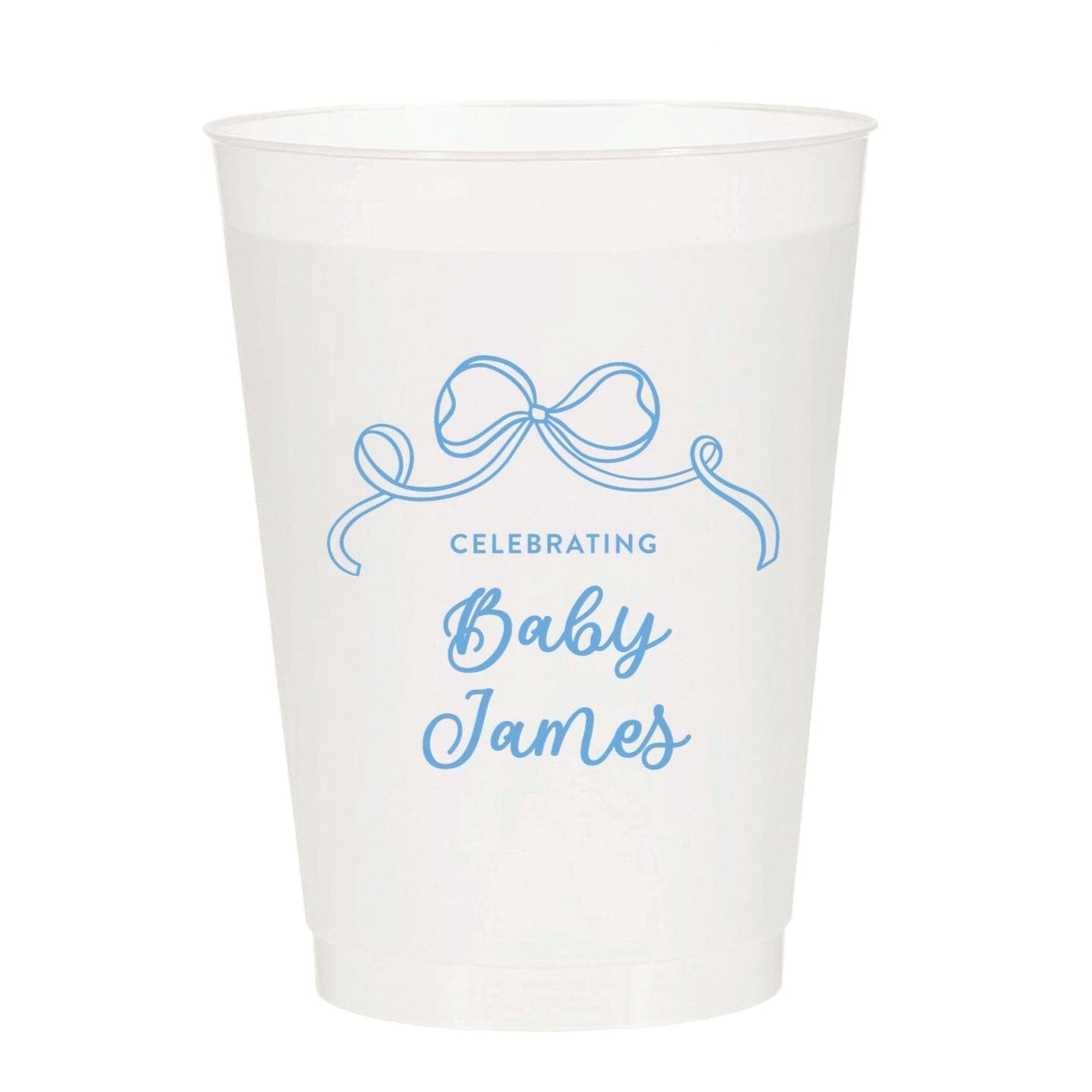 White paper cup with blue text and design on a white background