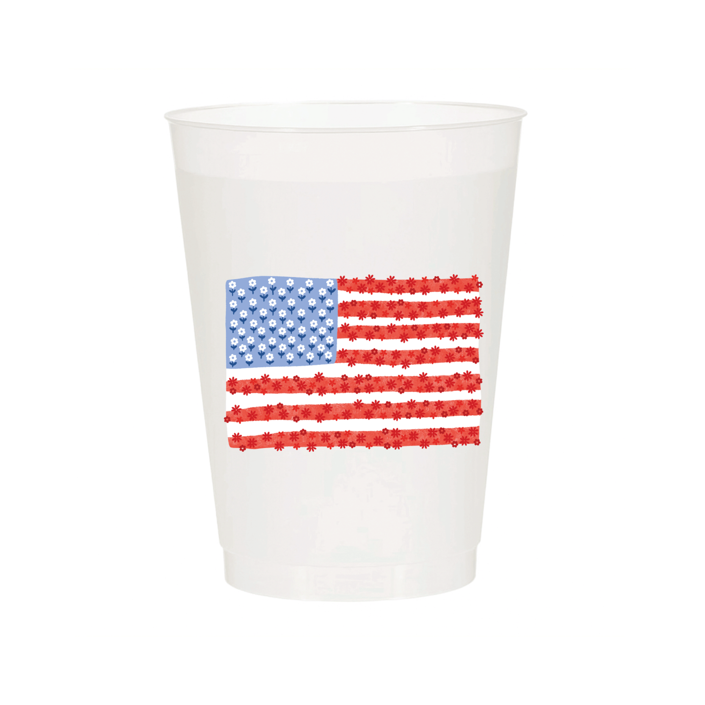 Six 16oz floral Americana frosted paper cups with patriotic flag and floral design by Porcupine Paper Co.