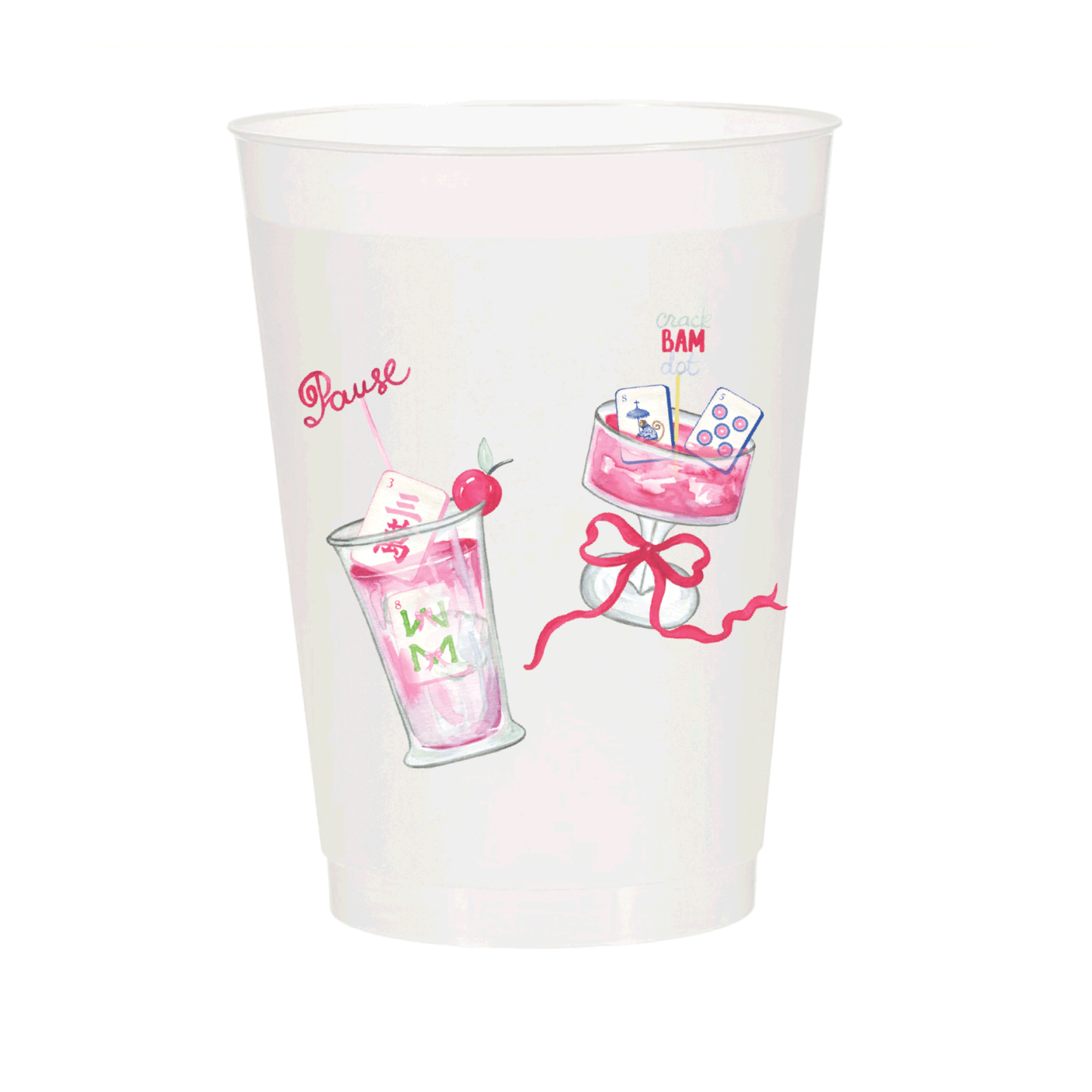 Six frosted Mahjong Cocktail cups by Sip Hip Hooray, 16oz each, featuring colorful Mahjong tile designs.