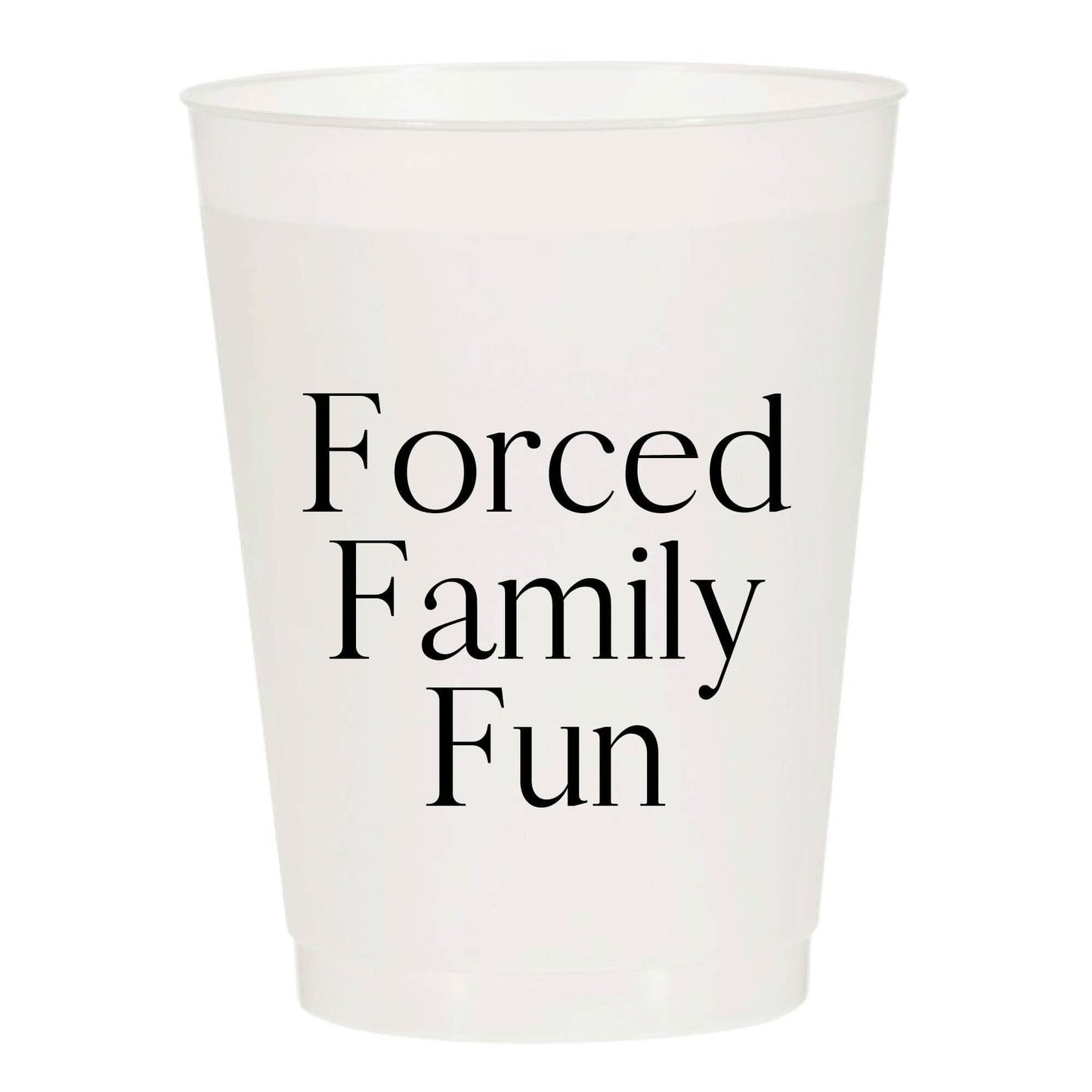 Set of six Sip Hip Hooray frosted plastic cups featuring fun family-themed designs for casual gatherings and parties