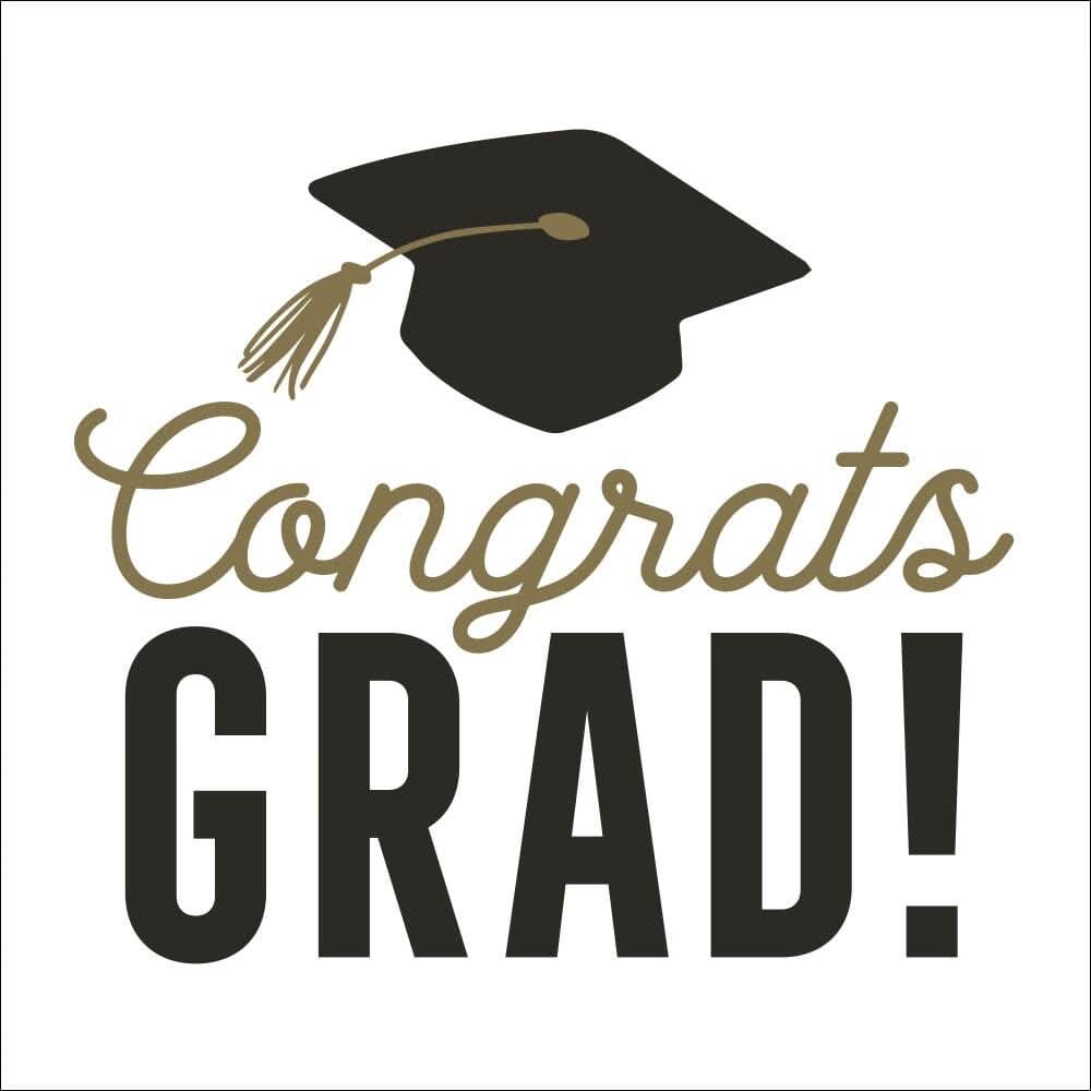 Set of 20 graduation-themed cocktail napkins with "Congrats" design by Soiree Sisters, ideal for celebrating graduations.