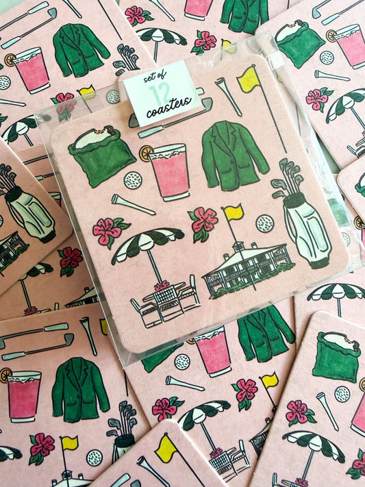 Set of 12 Augusta Golf Tournament Essentials disposable coasters by Thirteenwinks, featuring golf-themed designs for event protection.