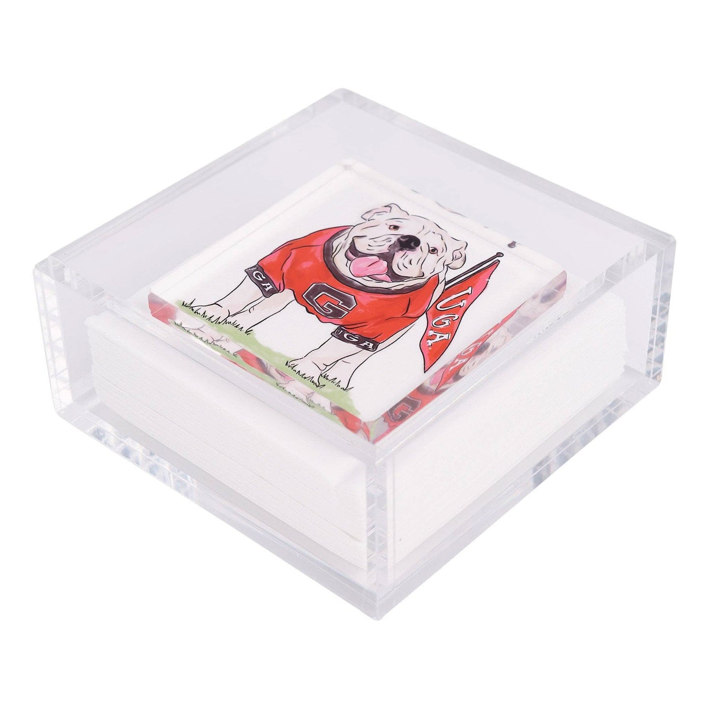 Georgia Mascot Napkin Weight by Glory Haus, featuring a colorful mascot design, used to hold napkins securely at events.
