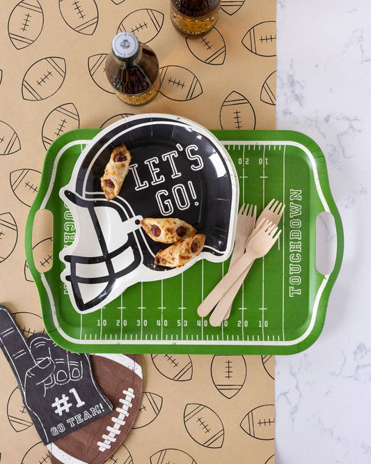 Football Kraft table runner by My Mind’s Eye, 16" x 120", featuring a rustic kraft paper design with football motifs displayed flat.