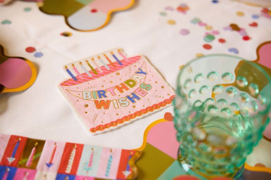 Packed Party birthday wishes die-cut cake napkin set with 20 decorative napkins for celebration occasions.