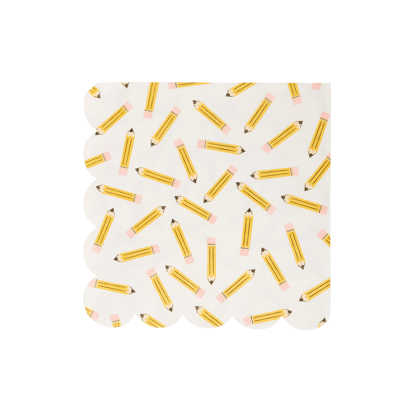 Set of 24 pencil pattern scallop cocktail napkins with stylish scalloped edges, featuring a modern black and white design by My Mind’s Eye.