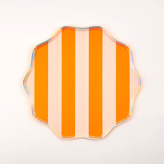 Set of 8 Gatherings by Curated Paperie 10.5-inch striped dinner paper plates stacked for serving at gatherings.
