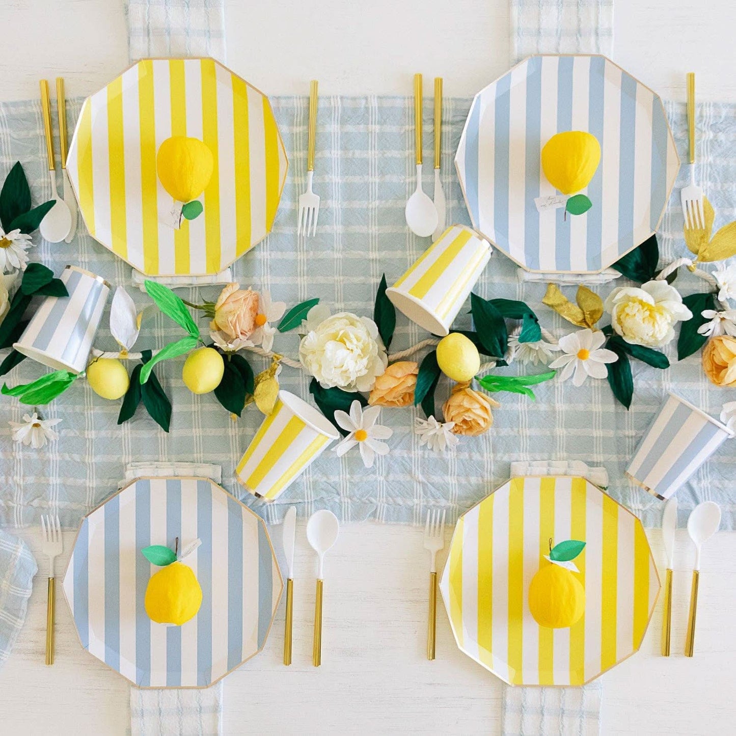 Set of 8 Soleil Yellow Cabana Signature Stripe Plates by Bonjour FĂȘte, featuring bright yellow and white striped design for outdoor dining.