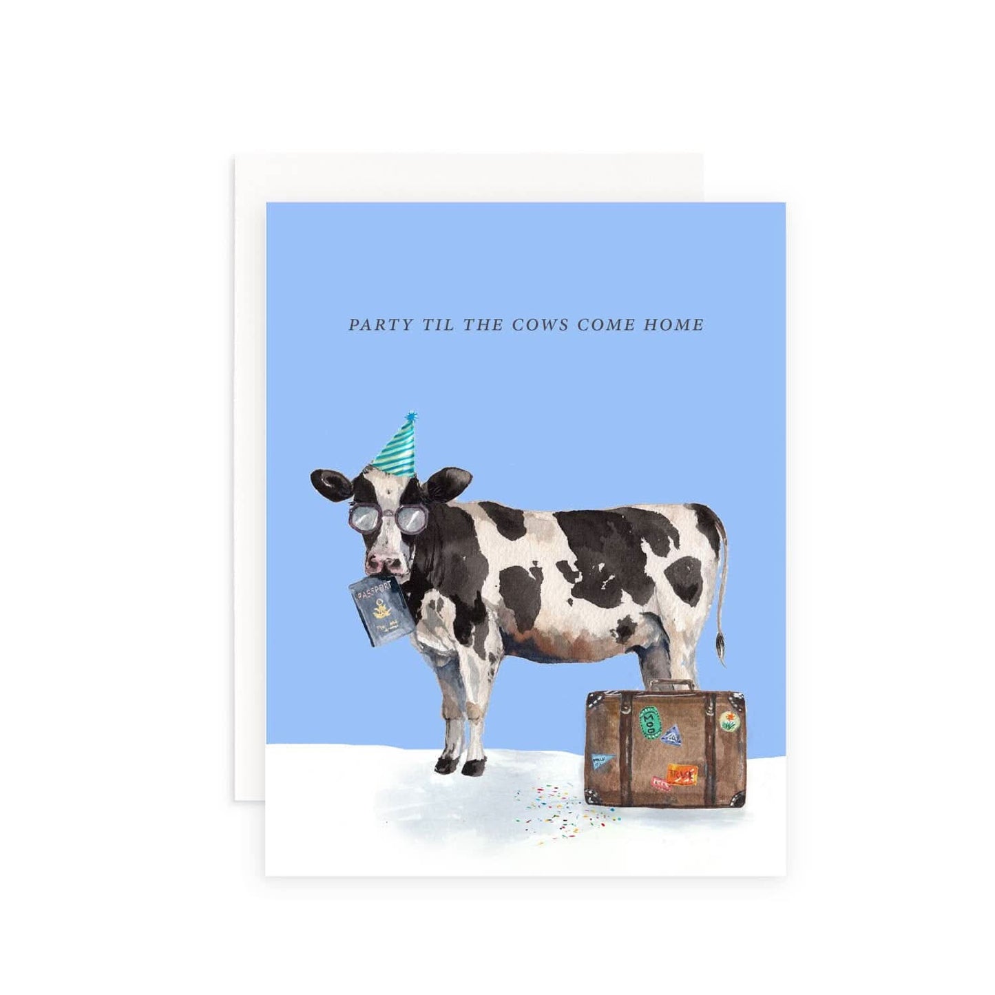 Party Til the Cows Come Home greeting card by Cami Monet featuring playful cow illustrations and cheerful typography.