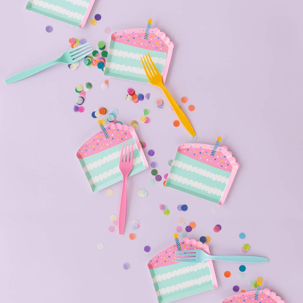 Set of 8 It's A Birthday Cake Slice canapé plates by Jollity & Co. and Daydream Society, featuring colorful birthday cake slice designs.