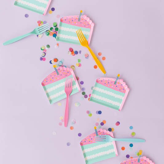 Set of 8 It's A Birthday Cake Slice canapé plates by Jollity & Co. and Daydream Society, featuring colorful birthday cake slice designs.