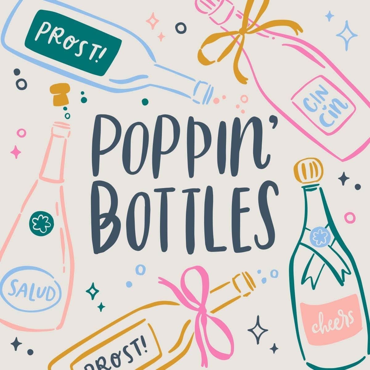 Set of 20 funny cocktail napkins with "Poppin Bottles" design by Soiree Sisters, featuring colorful party-themed graphics.