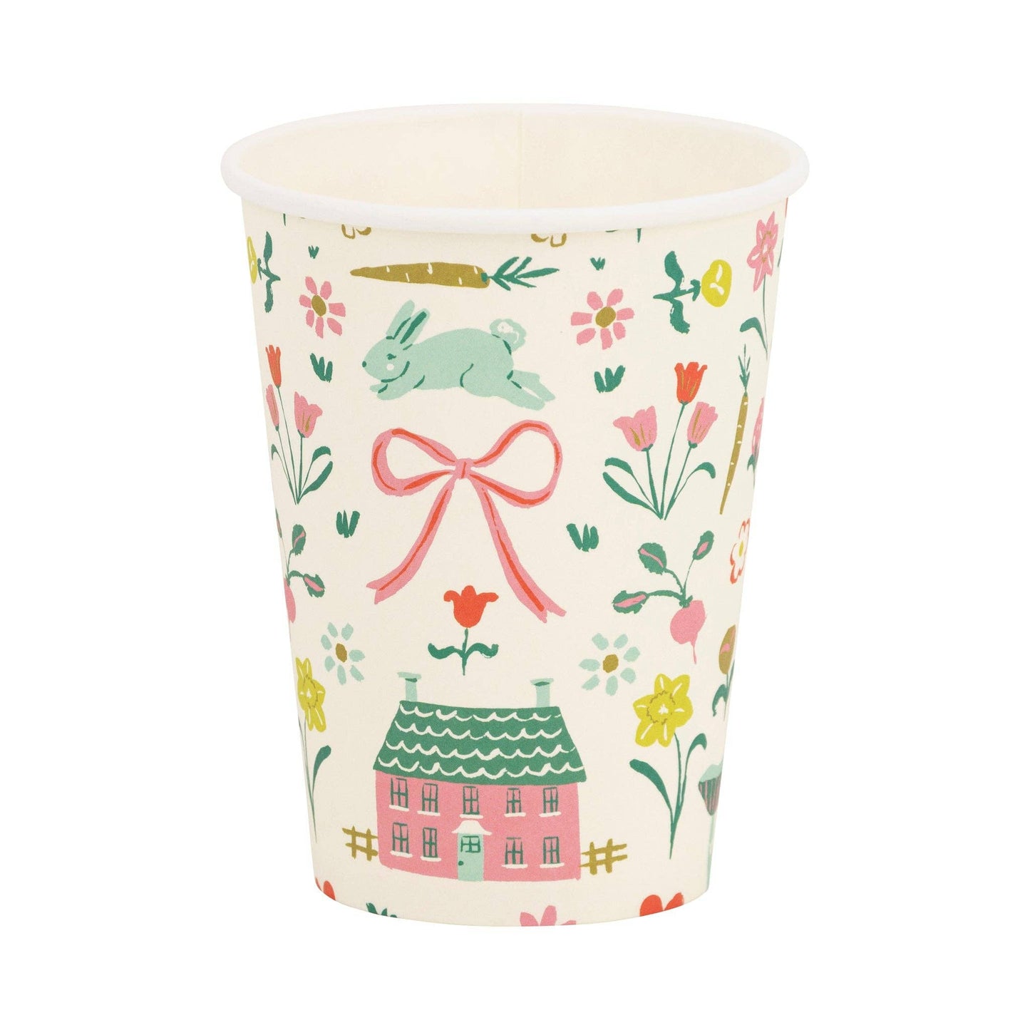 Set of eight Springtime Cottage Party Cups by My Mind’s Eye, 12oz paper cups with floral and spring-themed designs.