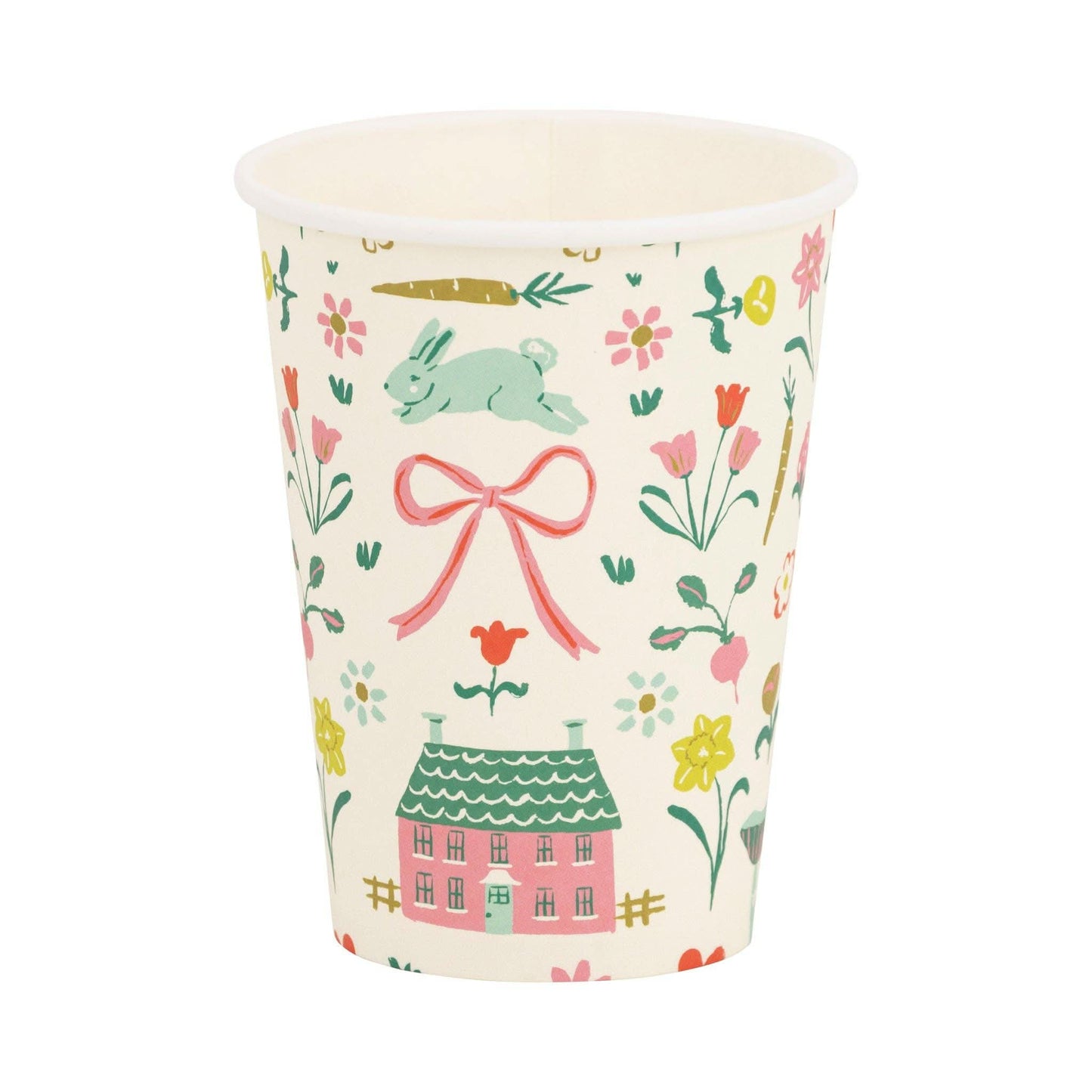 Set of eight Springtime Cottage Party Cups by My Mind’s Eye, 12oz paper cups with floral and spring-themed designs.