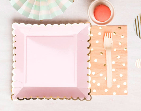 Blush Gold Foil Scalloped Square Plates - 9" | Set of 8 - Porcupine Paper Co.