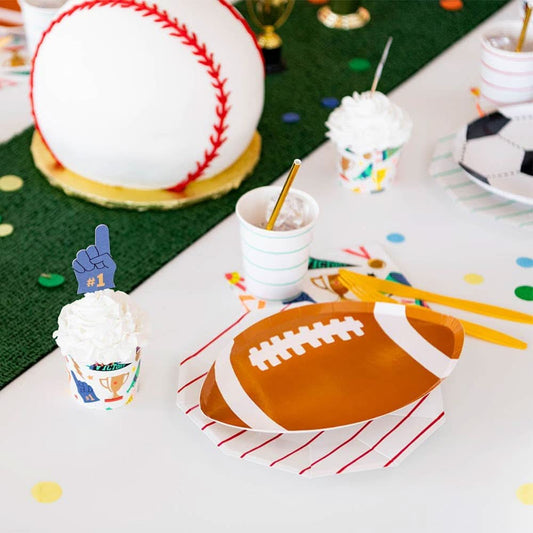 Set of 8 small football-shaped plates from Jollity & Co. and Daydream Society, 10.75-inch size, featuring vibrant football design.