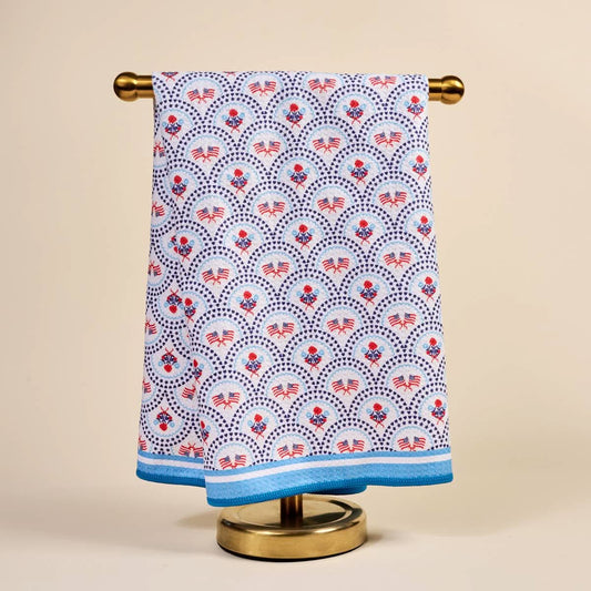 All-American themed waffle tea towel by The Darling Effect with patriotic red, white, and blue design featuring stars.
