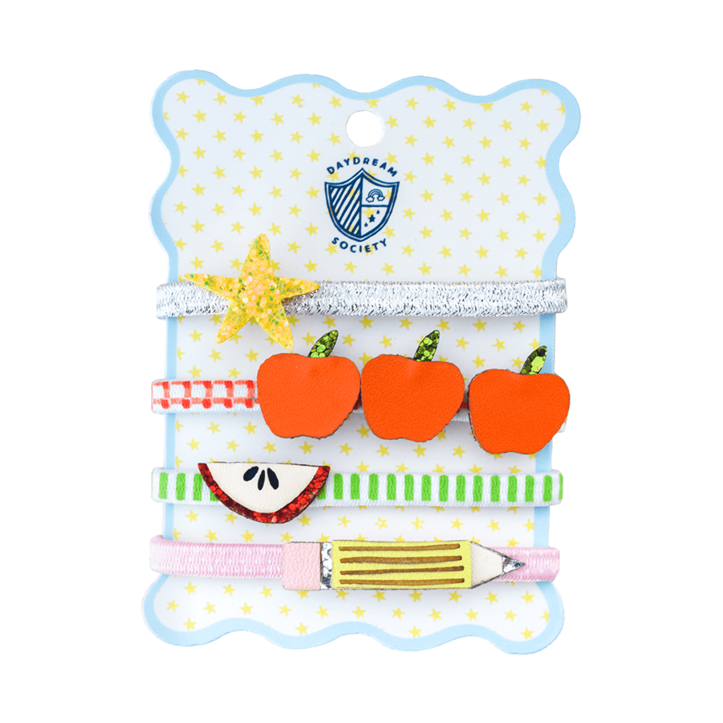 Jollity & Co. and Daydream Society Smarty Pants embellished hair tie set with four colorful, decorative elastic hair ties on a white background.