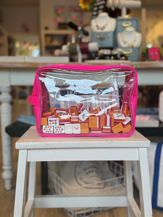 Clear Mahjong Tile Storage Bag with Handles: Hot Pink / Let's Mahj - Porcupine Paper Co.