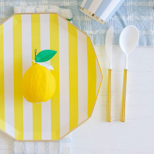 Set of 8 Soleil Yellow Cabana Signature Stripe plates by Bonjour Fête, featuring vibrant yellow and stripe design for stylish tableware