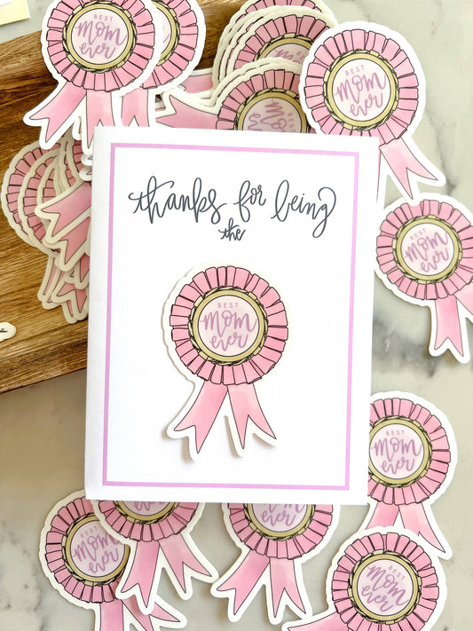 Thirteenwinks Mother's Day sticker card featuring the message "Best Mom Ever!" with colorful floral design and decorative stickers.