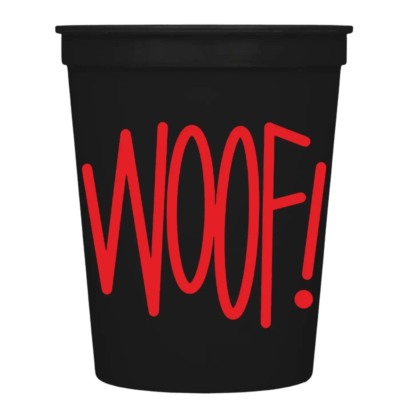 Set of 10 MadHouse Woof! Stadium Cups featuring dog-themed designs, perfect for parties and outdoor gatherings.