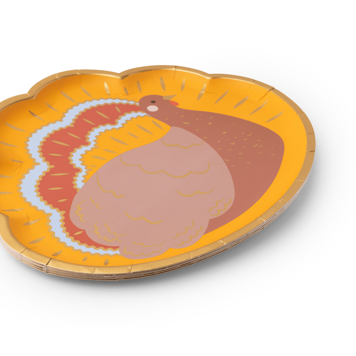 Set of 8 Bonjour Fête turkey-themed plates with festive designs, perfect for holiday gatherings and celebrations.