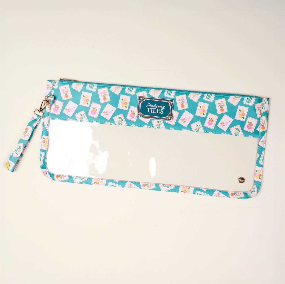 Teal Mahjong tile keeper pouch by The Darling Effect featuring a playful "It's Mahj Time" design for storing game tiles.