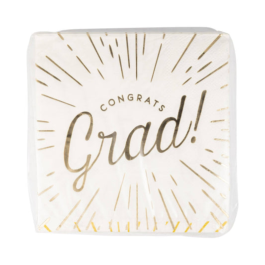 Foiled Congrats Grad cocktail napkin by My Mind’s Eye featuring a celebratory design with gold accents and "Congrats Grad" text.
