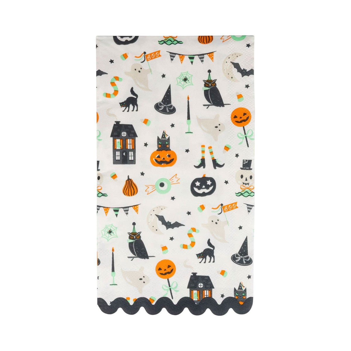 Set of Tricks & Treats dinner napkins by My Mind’s Eye, 24 paper napkins with Halloween-themed designs on white background.