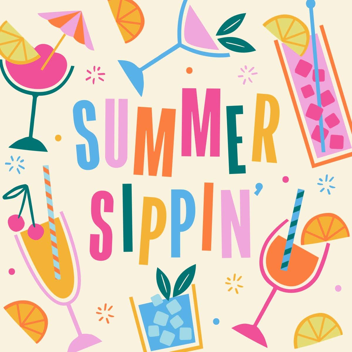 Set of funny summer sippin cocktail napkins with colorful, playful designs by soiree-sisters for festive gatherings.