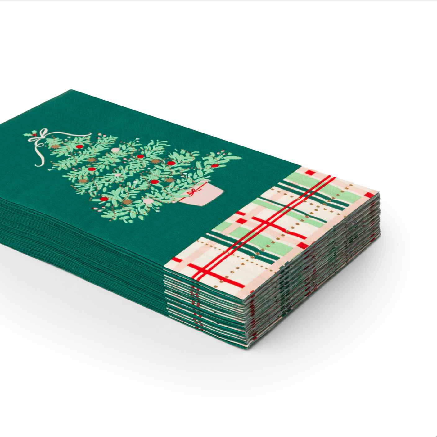 Set of 20 Christmas Tree Plaid Guest Towels by Bonjour FĂȘte, featuring festive red and green plaid pattern with holiday-themed designs.