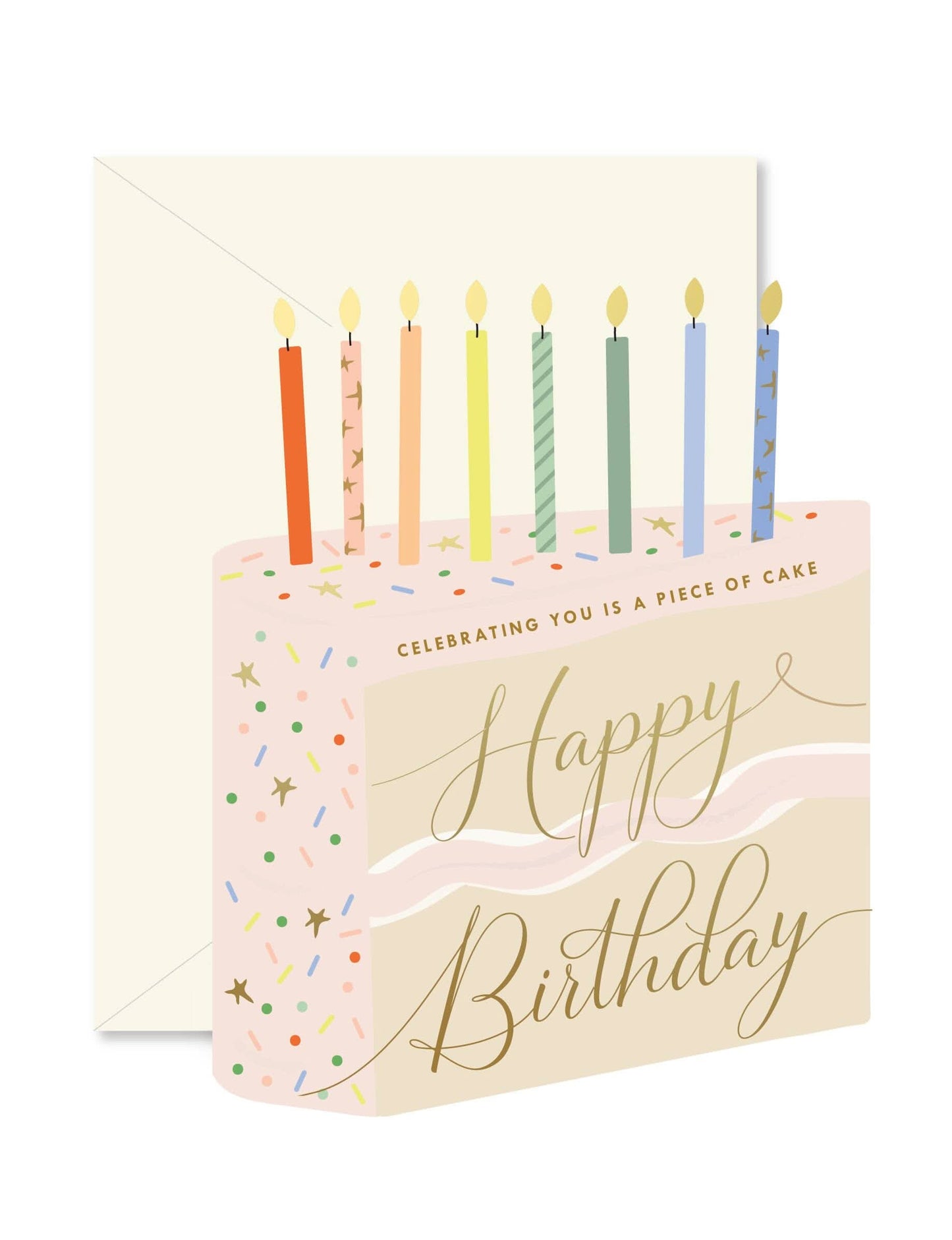 Birthday cake die-cut greeting card by Ginger P. Designs featuring a colorful cake illustration on a white background.