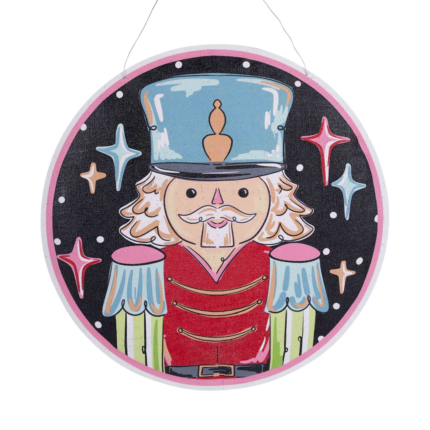 Glory Haus Nutcracker and Good Times Disco Ball door hanger, festive holiday decor with colorful nutcracker figure and shiny disco ball ornament.