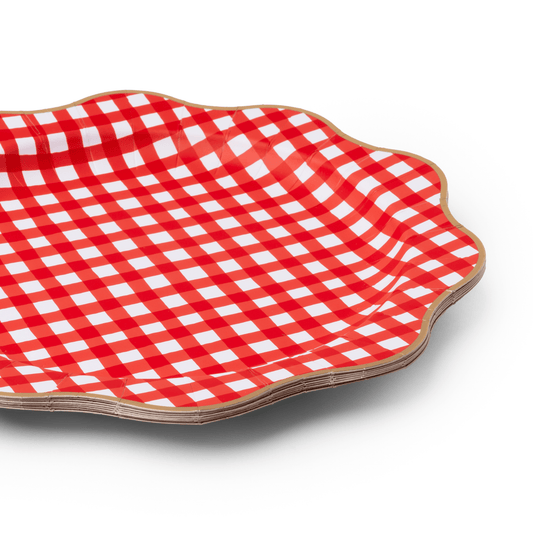 Set of 8 cherry red gingham dinner plates with gold foil rim, 11-inch size, from Bonjour Fête for elegant table setting