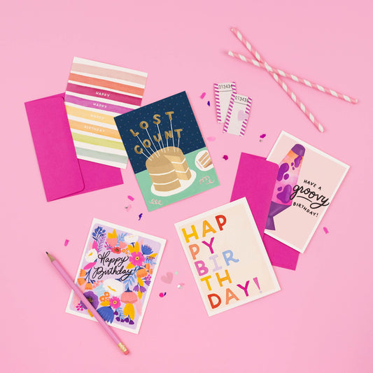 Lost Count birthday card by Slightly Stationery featuring playful, colorful design suitable for celebrating birthdays.